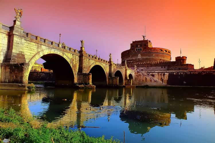 reflection, landmark, sky, bridge, historic site, morning